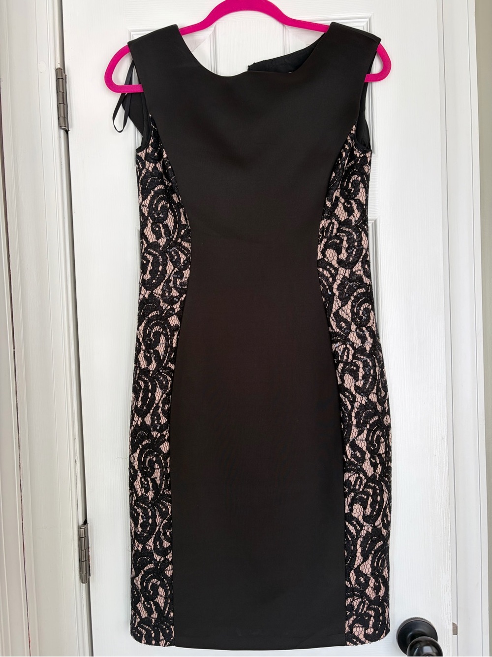Eliza J Black Sheath Dress with Blush Lace Panels